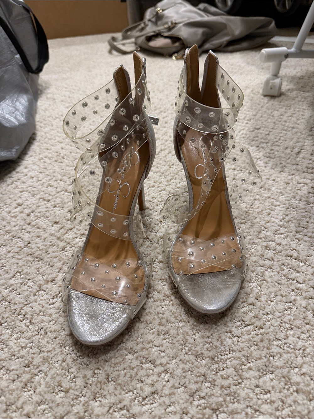 Jessica Simpson Clear PVC Ankle-Strap Heels with Silver Toe